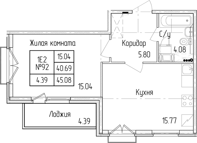 1-комнатная квартира 40.69 м², 3/4 эт., ЖК «Любоград в Стрельне»